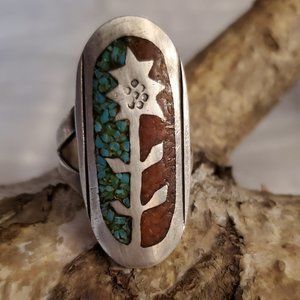 Silver turquoise and coral ring